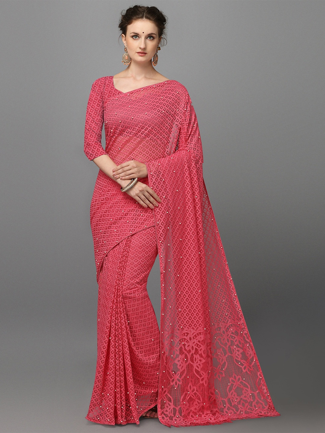 

VEDANT VASTRAM Embellished Beads and Stones Designer Saree, Pink