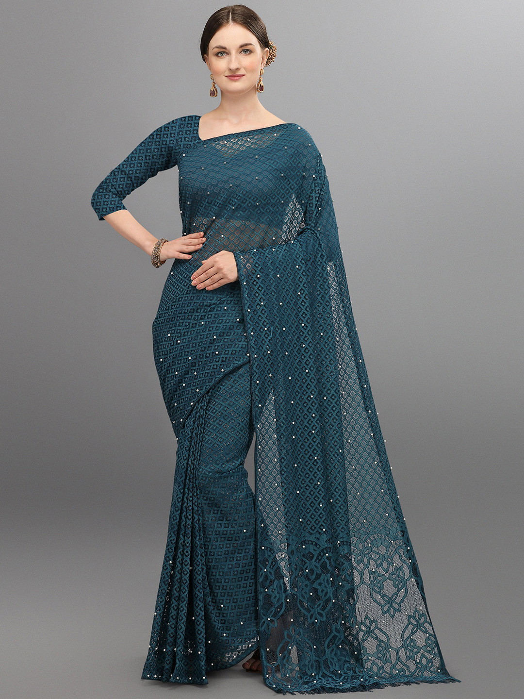 

VEDANT VASTRAM Embellished Beads and Stones Net Saree, Turquoise blue