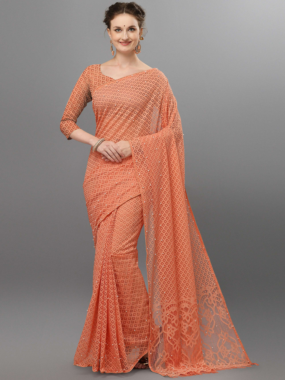 

VEDANT VASTRAM Embellished Beads and Stones Designer Saree, Orange