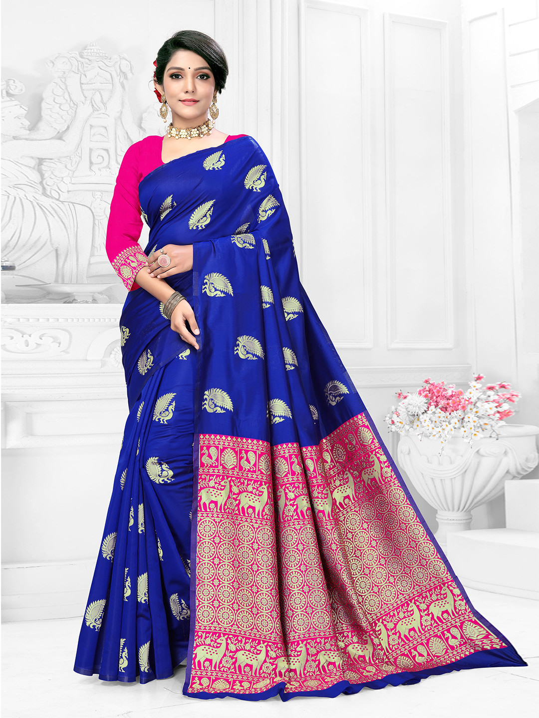 

VEDANT VASTRAM Floral Zari Silk Banarasi Saree, Blue