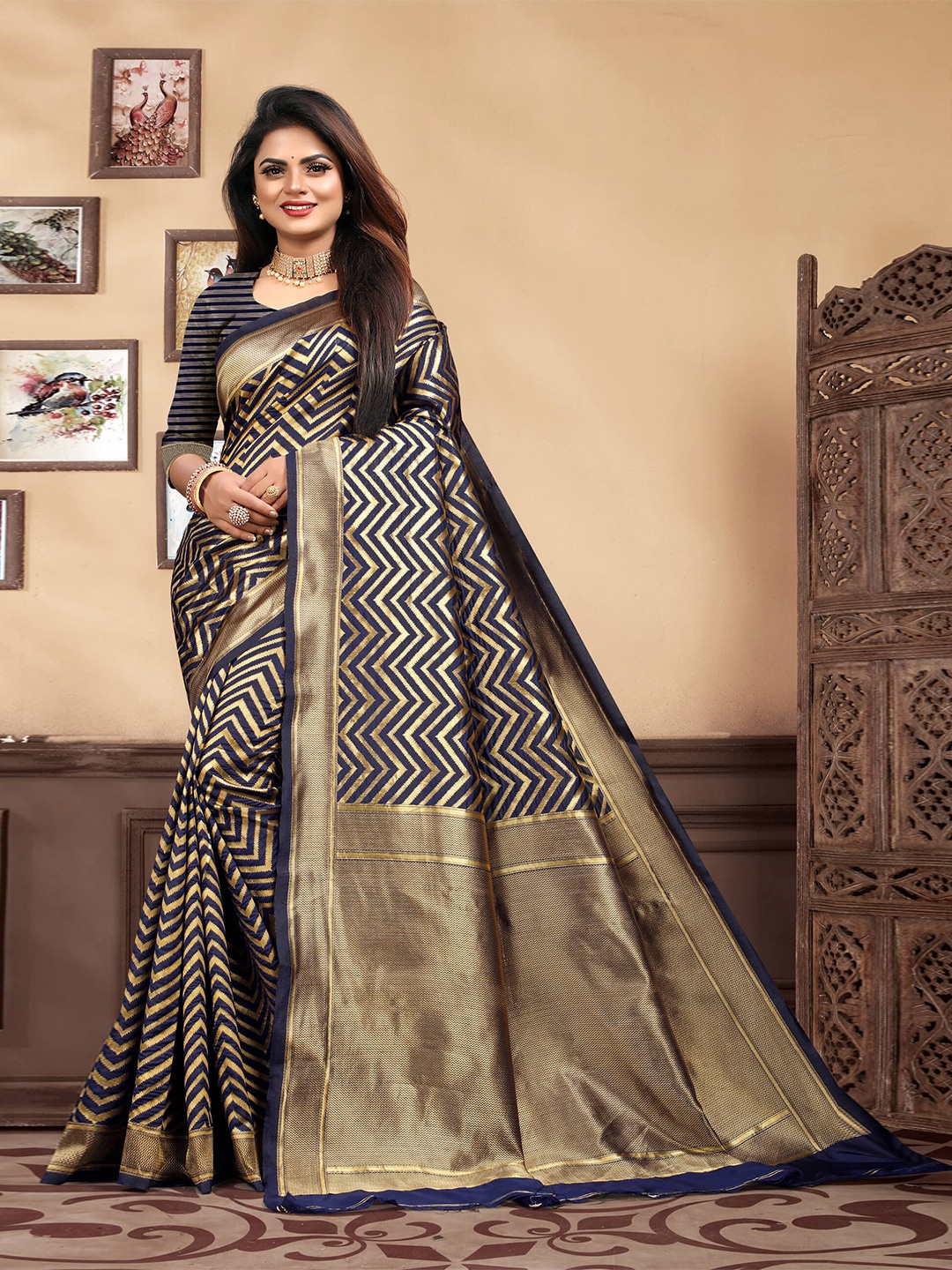 

VEDANT VASTRAM Woven Design Zari Designer Banarasi Saree, Navy blue