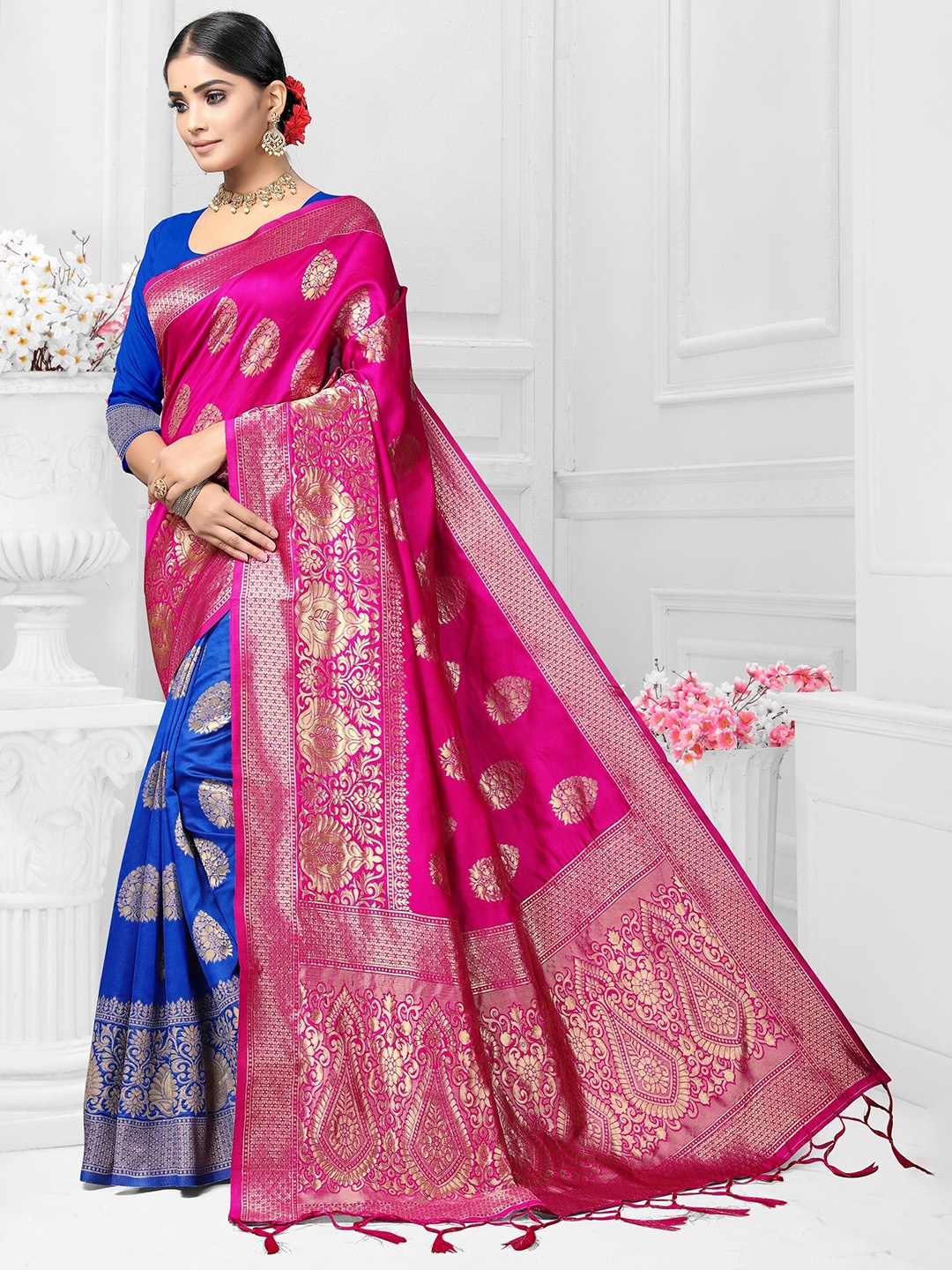 

VEDANT VASTRAM Woven Design Zari Half and Half Banarasi Saree, Pink