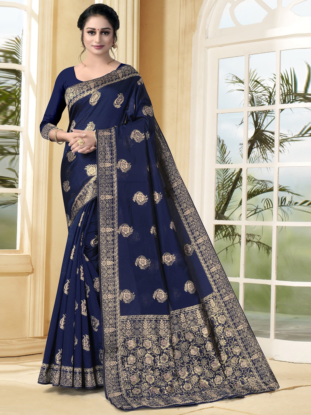 

VEDANT VASTRAM Woven Design Zari Silk Banarasi Saree, Navy blue