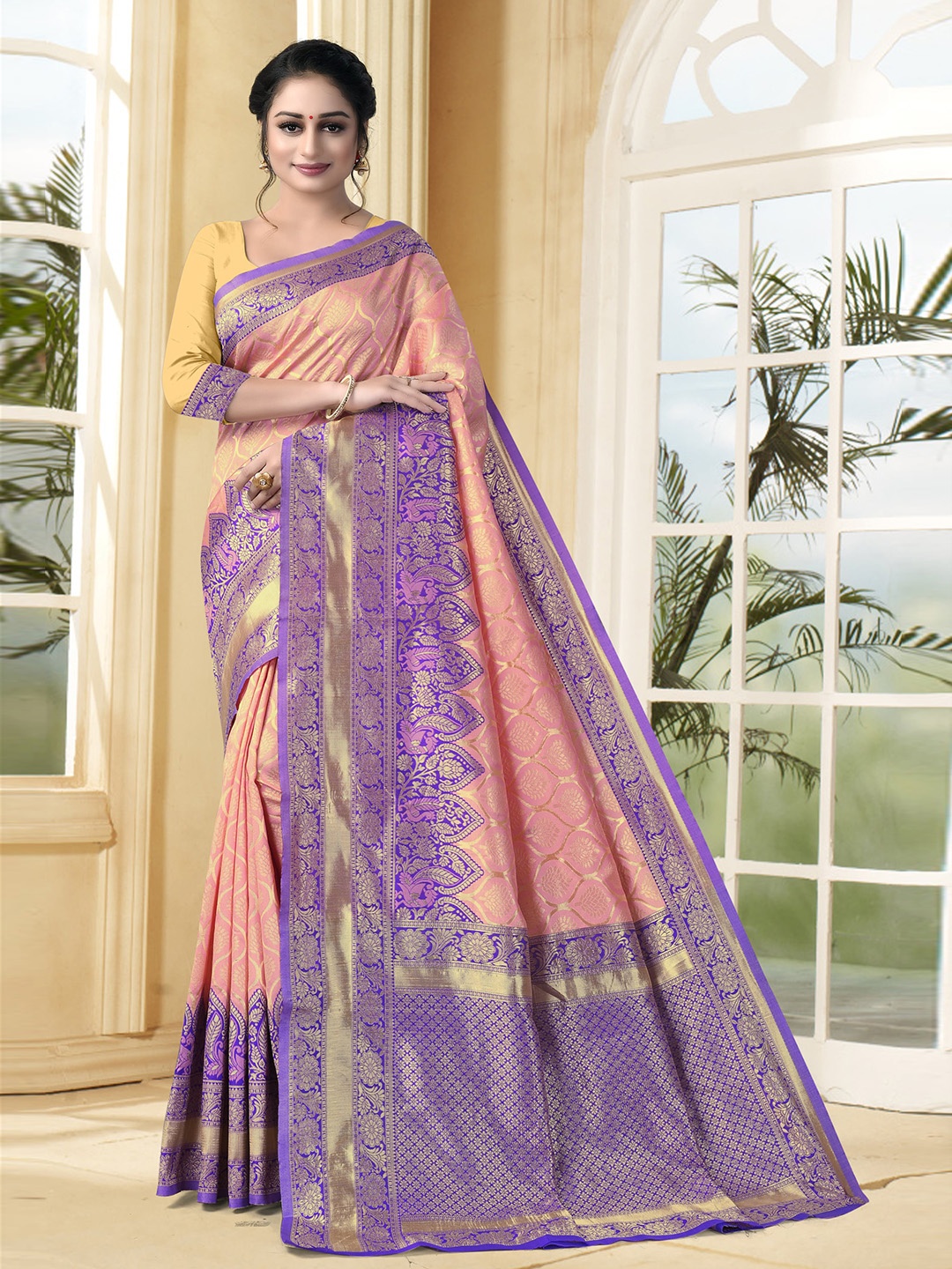 

VEDANT VASTRAM Woven Design Zari Designer Banarasi Saree, Peach