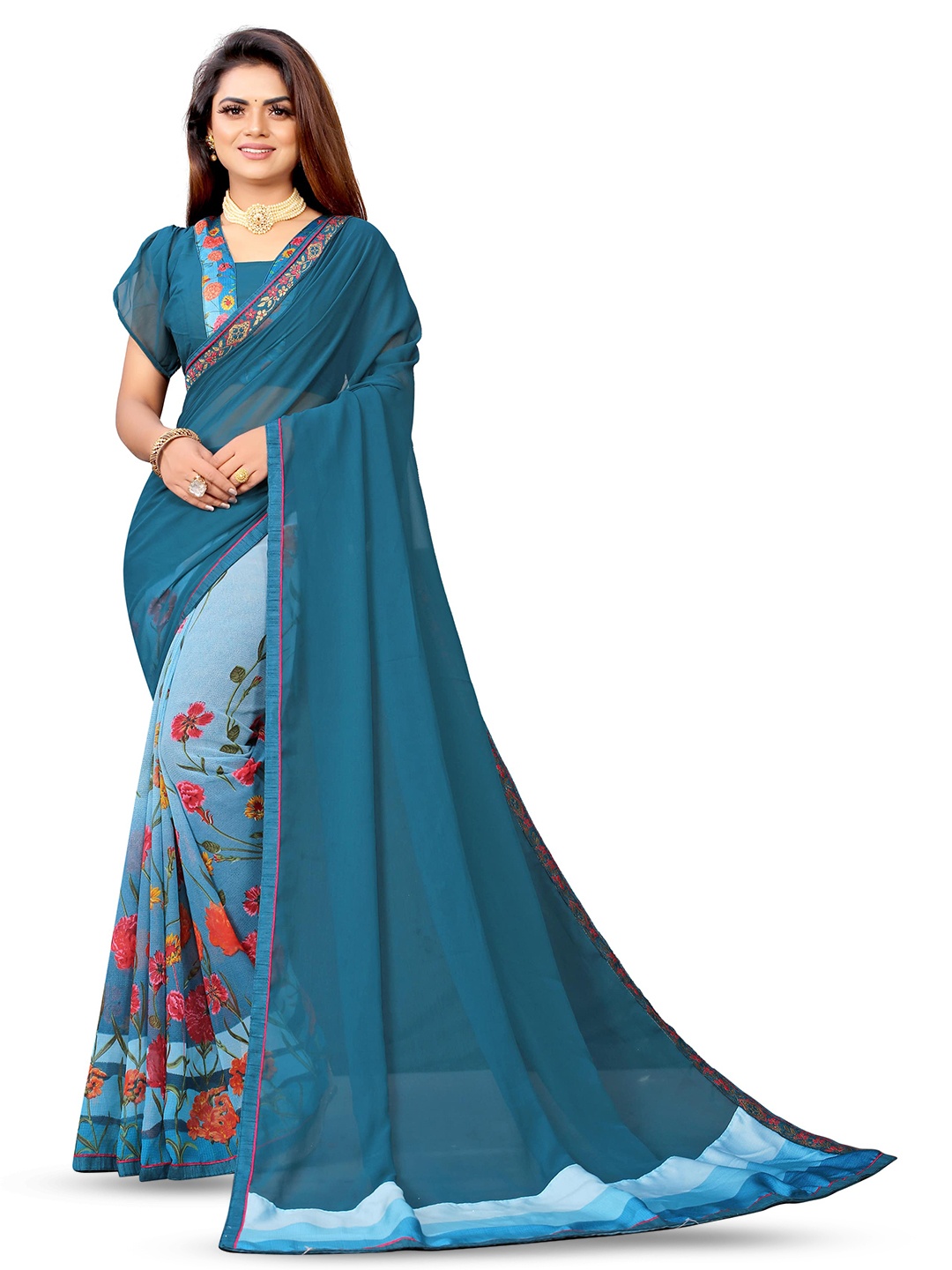 

VEDANT VASTRAM Floral Embroidered Pure Georgette Designer Saree, Turquoise blue