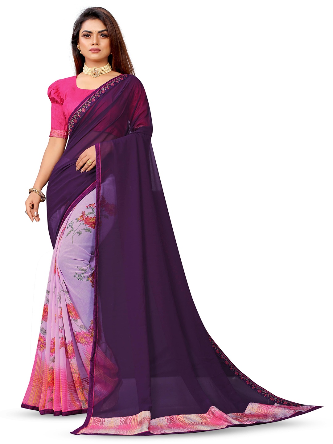 

VEDANT VASTRAM Floral Embroidered Pure Georgette Saree, Purple