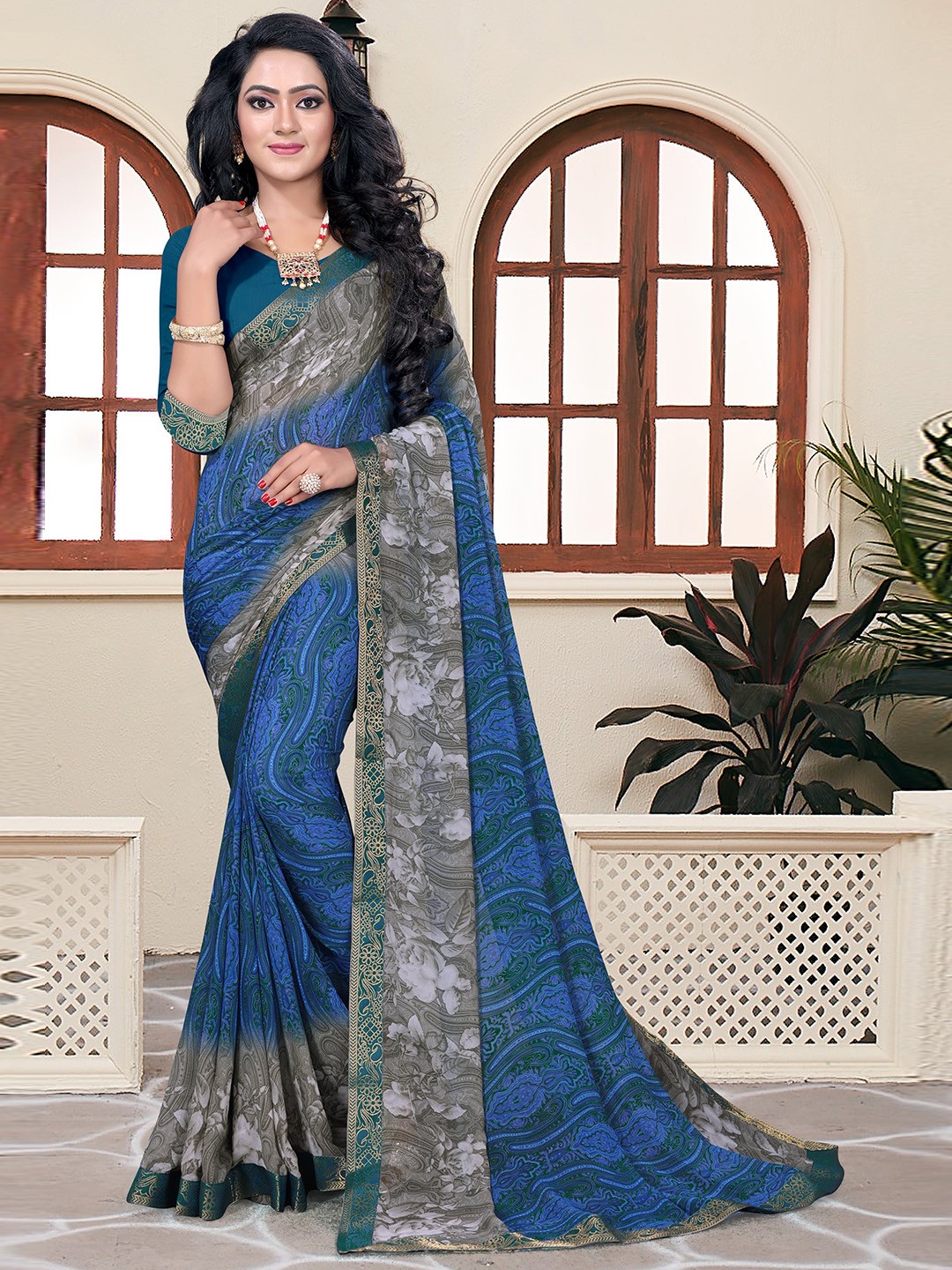 

VEDANT VASTRAM Floral Printed Pure Georgette Designer Saree, Blue