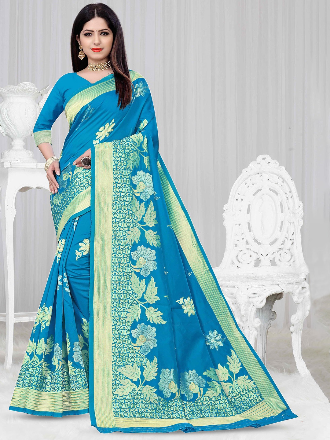 

VEDANT VASTRAM Floral Woven Design Zari Banarasi Saree, Turquoise blue