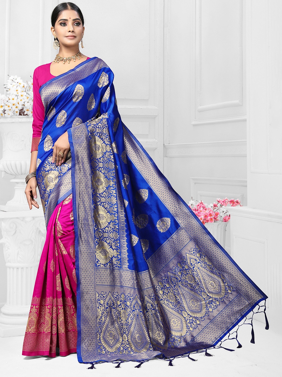 

VEDANT VASTRAM Woven Design Zari Half and Half Banarasi Saree, Blue