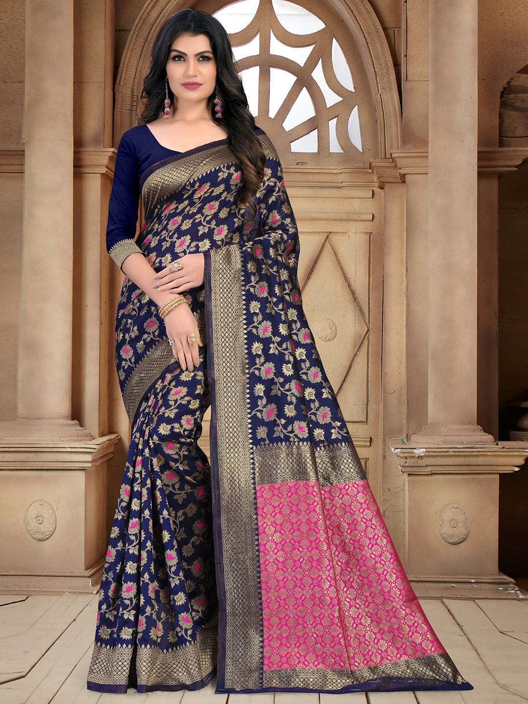 

VEDANT VASTRAM Woven Design Zari Designer Banarasi Saree, Navy blue