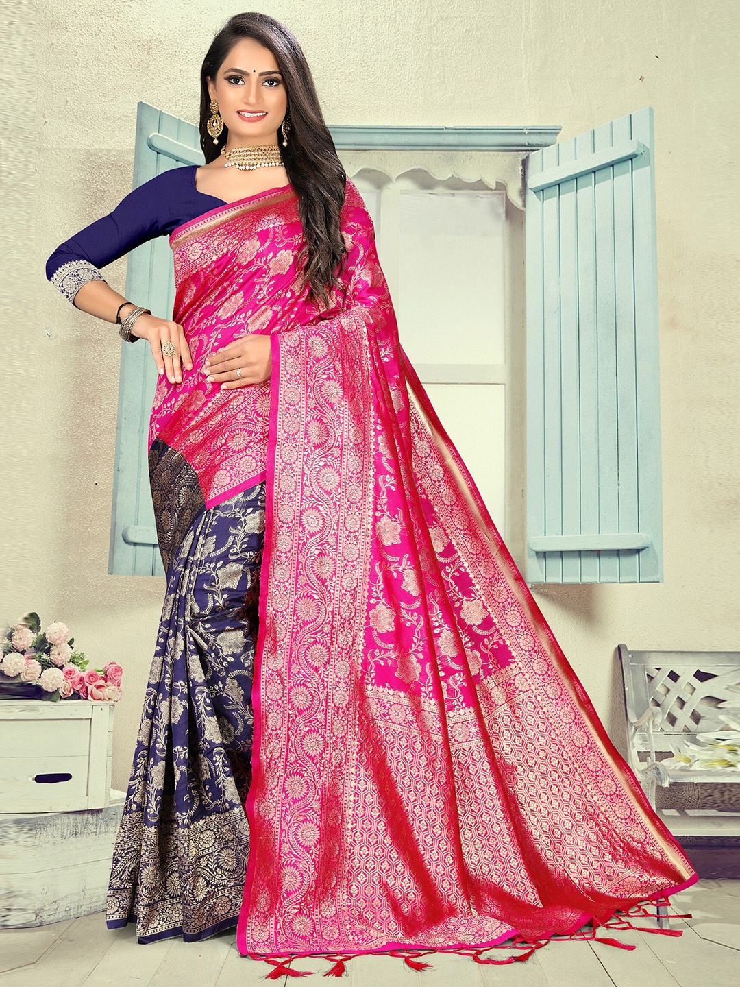 

VEDANT VASTRAM Woven Design Zari Silk Half and Half Banarasi Saree, Pink