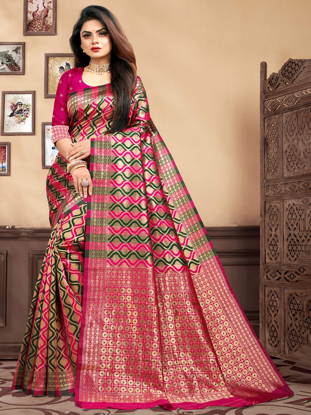 

VEDANT VASTRAM Ethnic Motifs Woven Design Zari Banarasi Saree, Pink