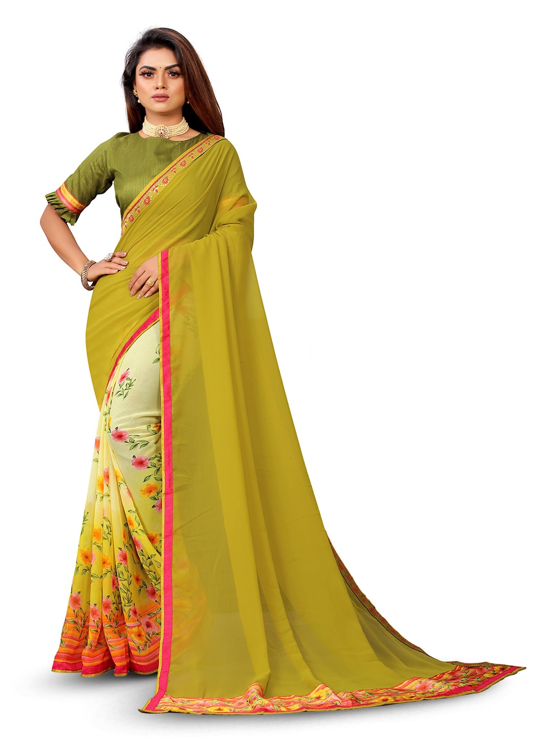

VEDANT VASTRAM Floral Printed Pure Georgette Half and Half Saree, Lime green