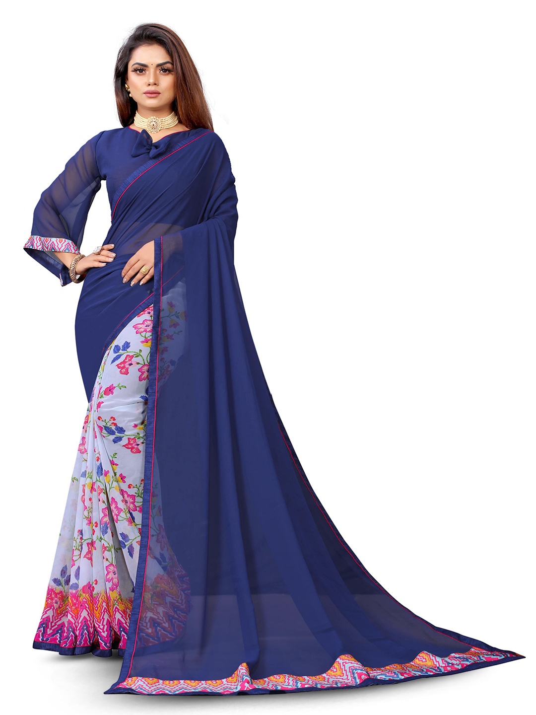 

VEDANT VASTRAM Floral Printed Pure Georgette Half and Half Saree, Blue