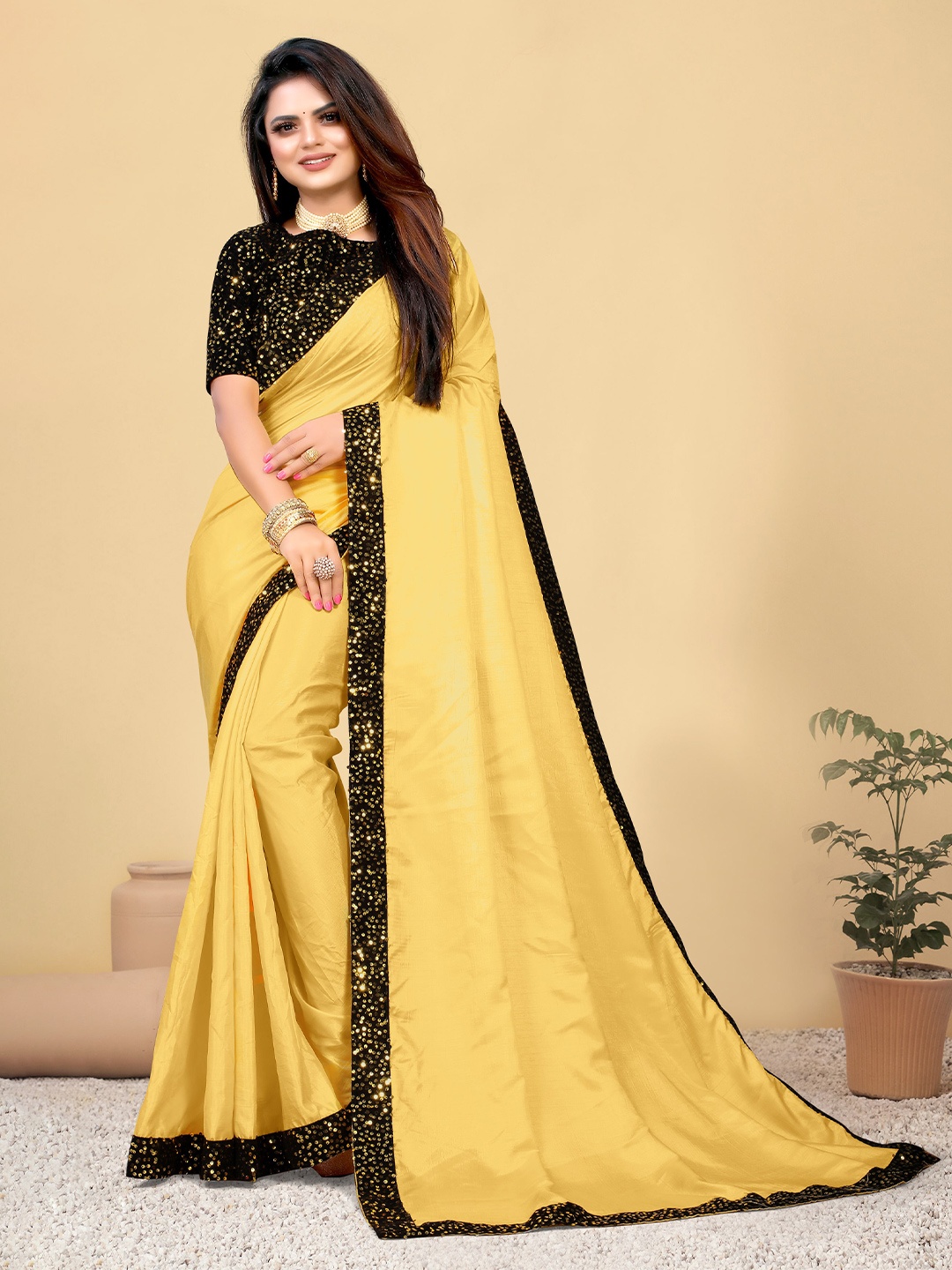 

VEDANT VASTRAM Sequinned Silk Blend Sequence work Designer Saree, Yellow