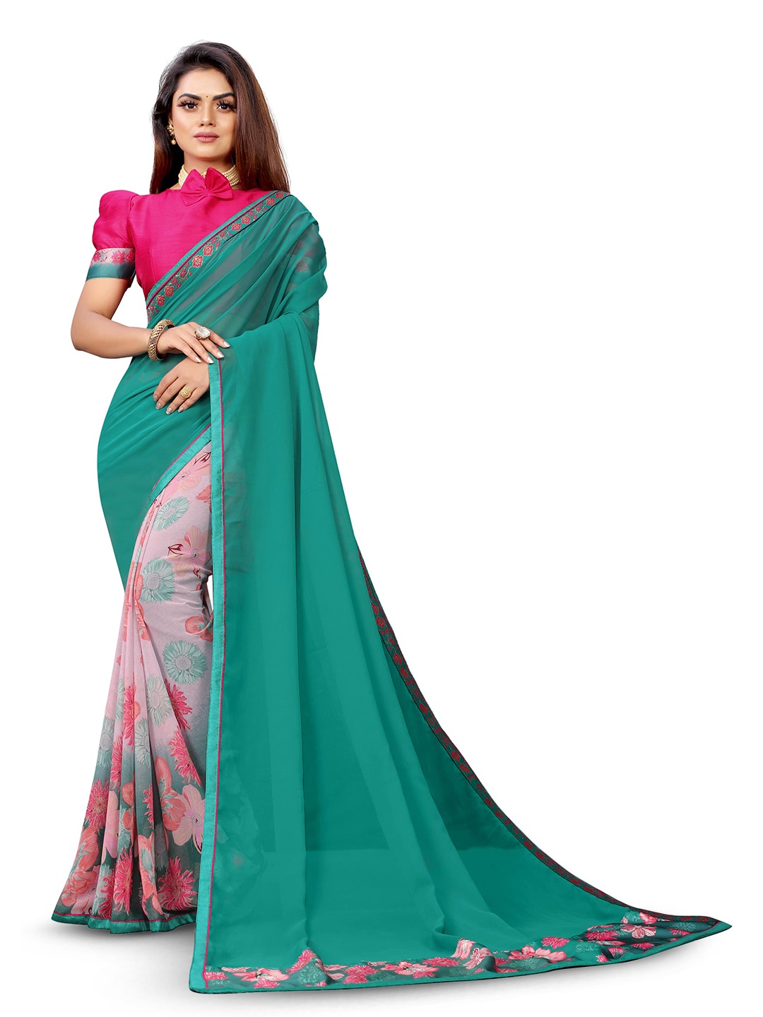 

VEDANT VASTRAM Floral Pure Georgette Saree, Turquoise blue
