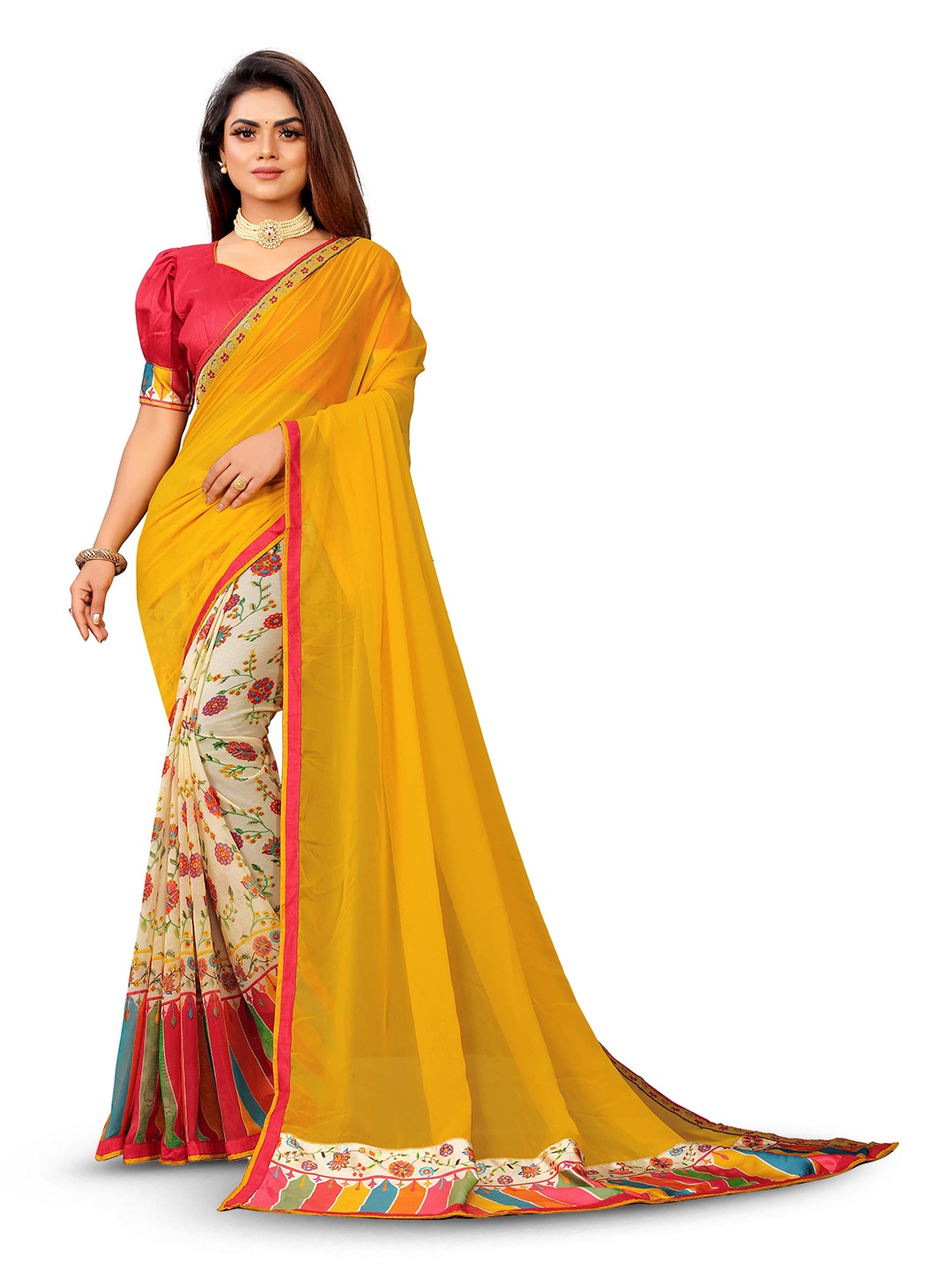 

VEDANT VASTRAM Floral Pure Georgette Half and Half Designer Saree, Yellow