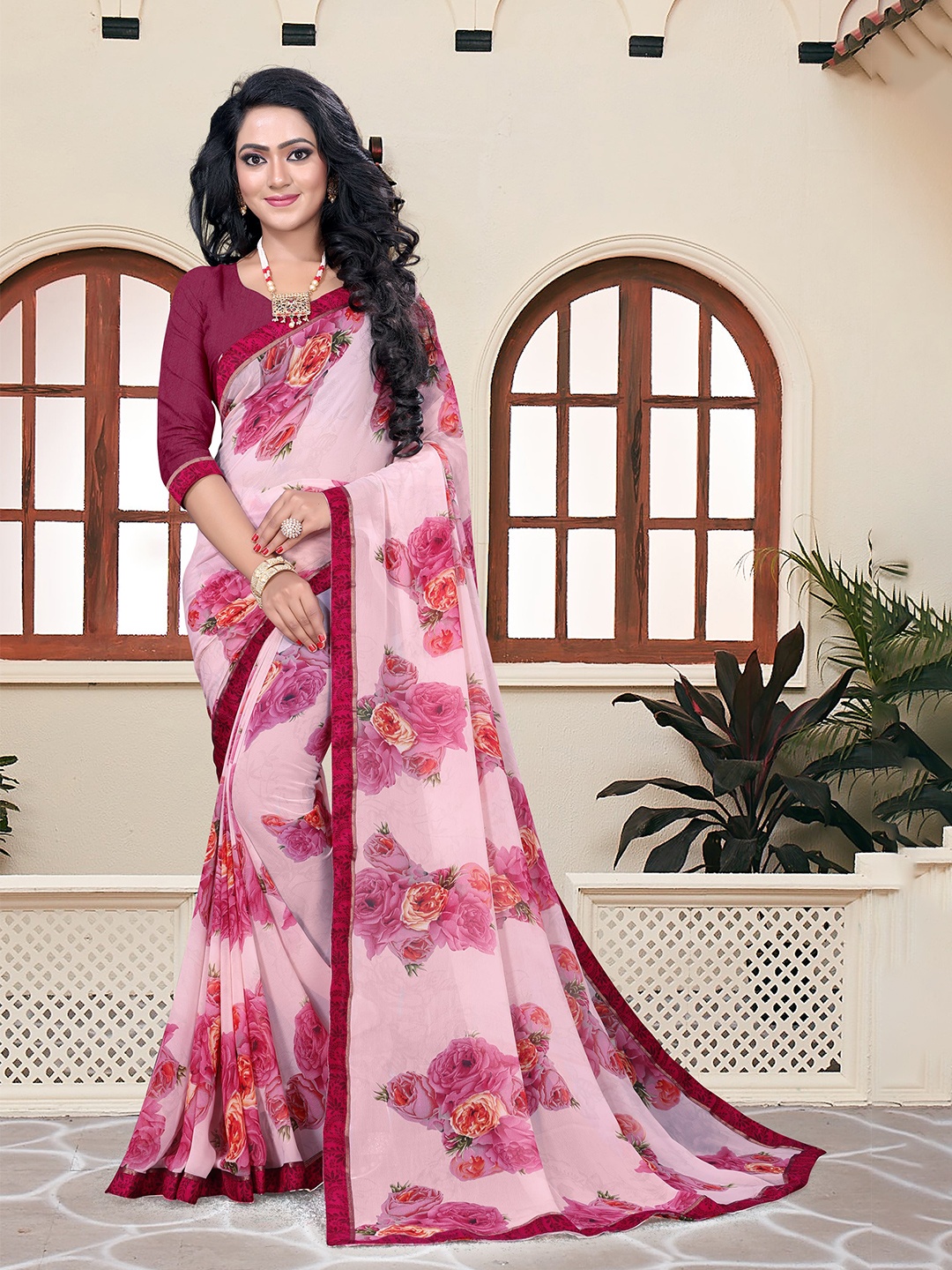 

VEDANT VASTRAM Floral Pure Georgette Designer Printed Saree, Pink