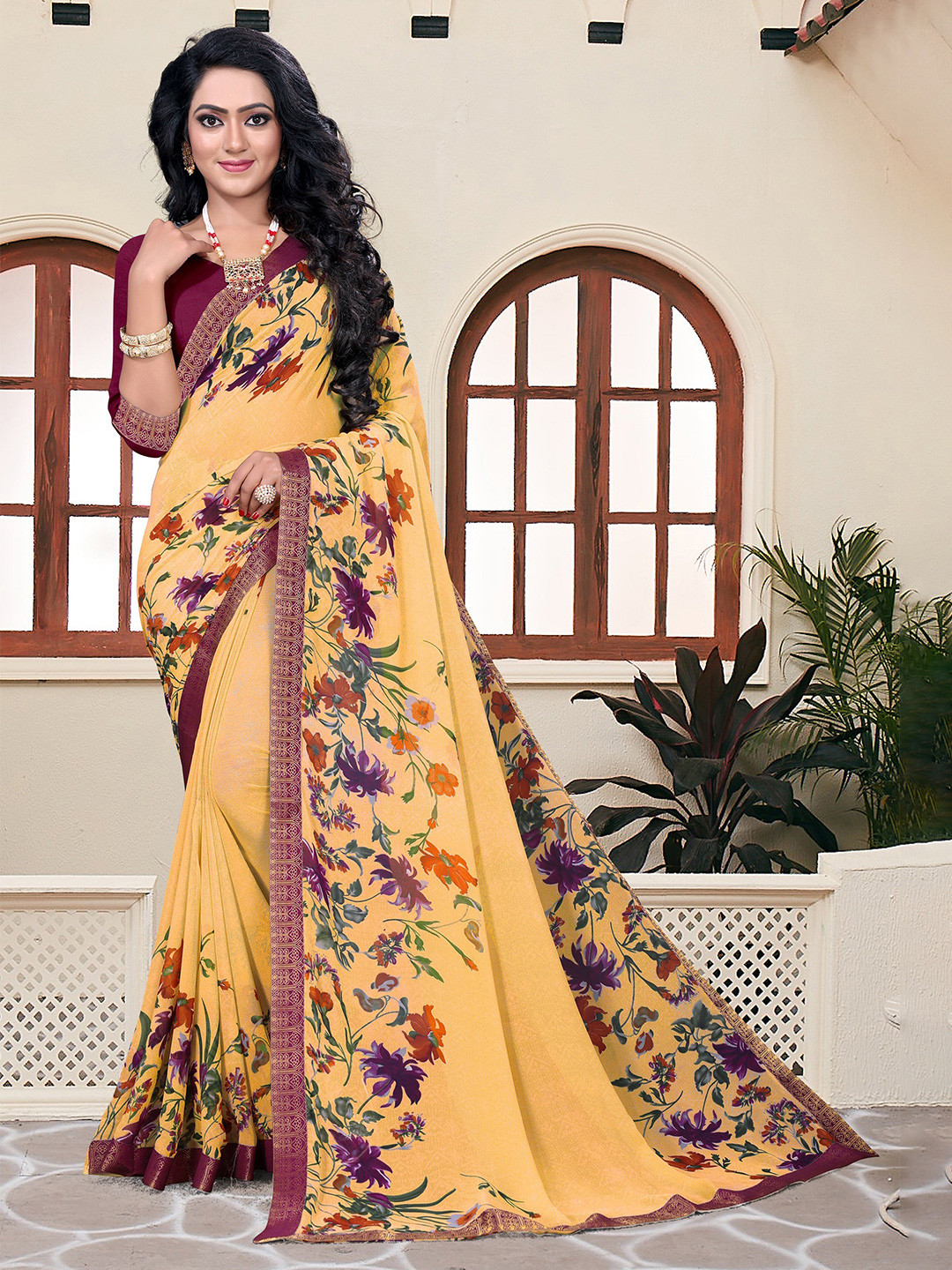 

VEDANT VASTRAM Floral Printed Pure Georgette Designer Saree, Beige