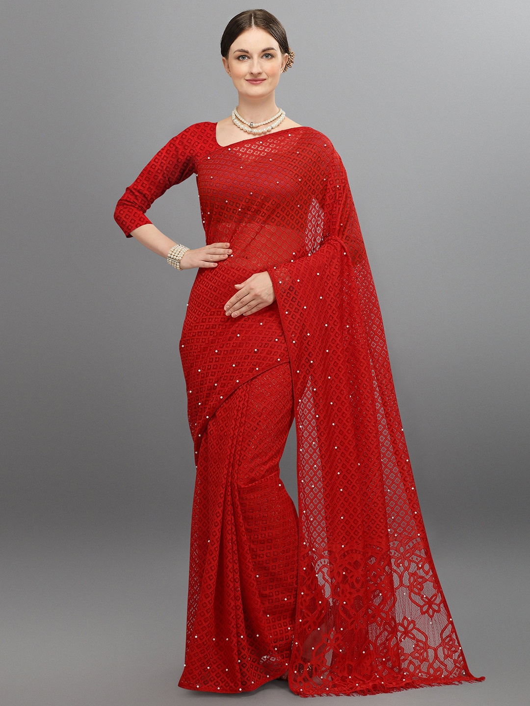 

VEDANT VASTRAM Woven Design Beads and Stones Designer Saree, Red