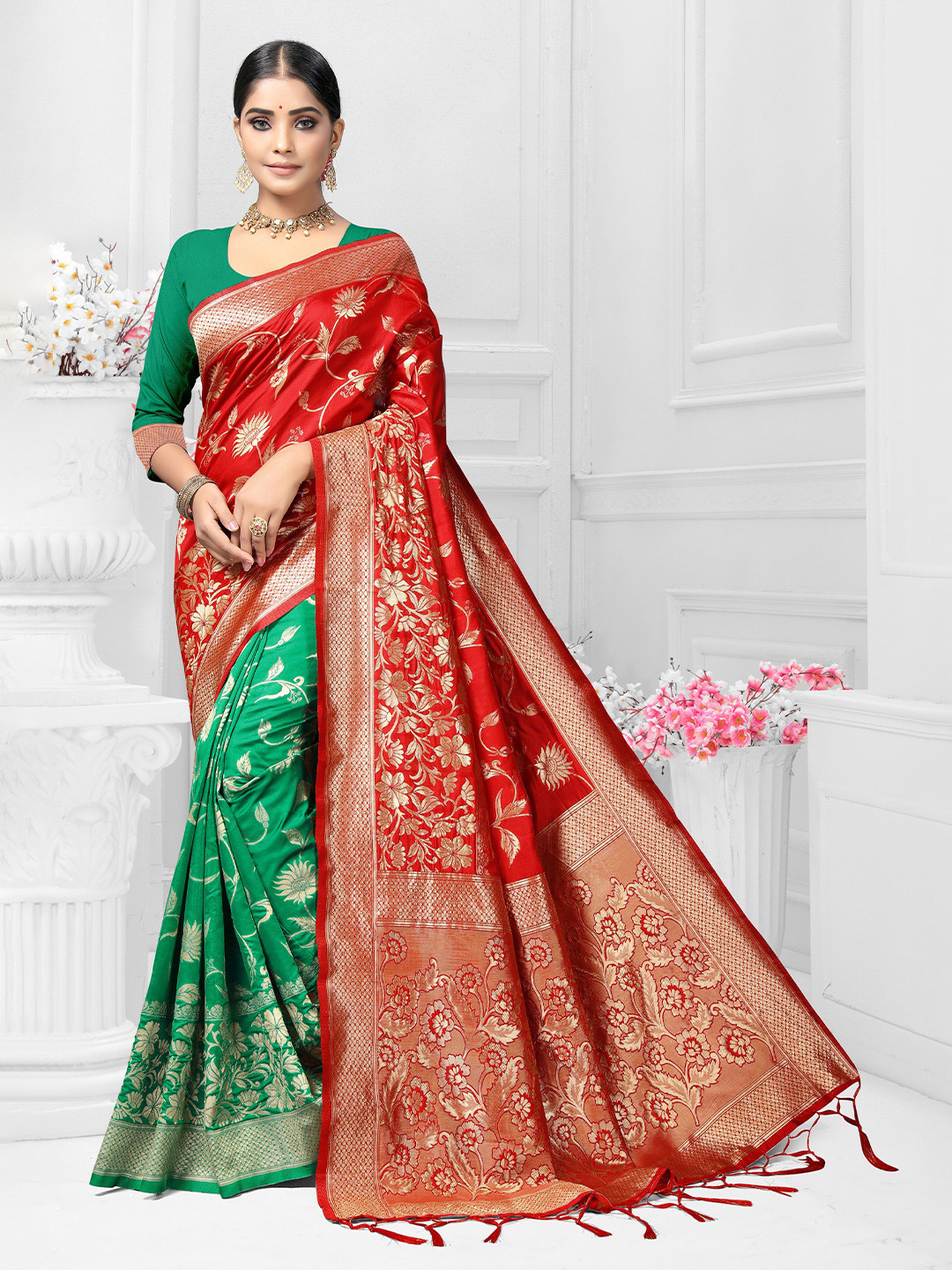 

VEDANT VASTRAM Woven Design Zari Silk Half and Half Banarasi Saree, Red