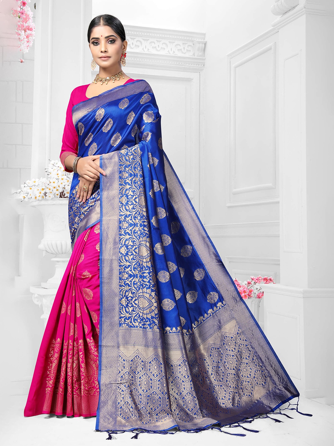 

VEDANT VASTRAM Woven Design Zari Silk Half and Half Banarasi Saree, Blue