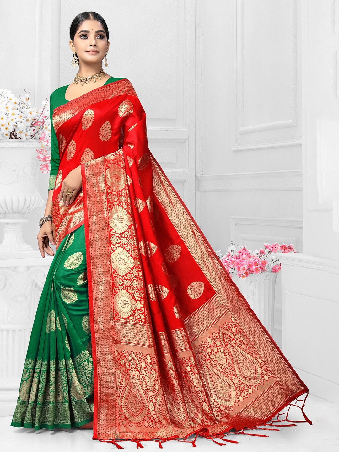 

VEDANT VASTRAM Woven Design Zari Silk Half and Half Banarasi Saree, Red
