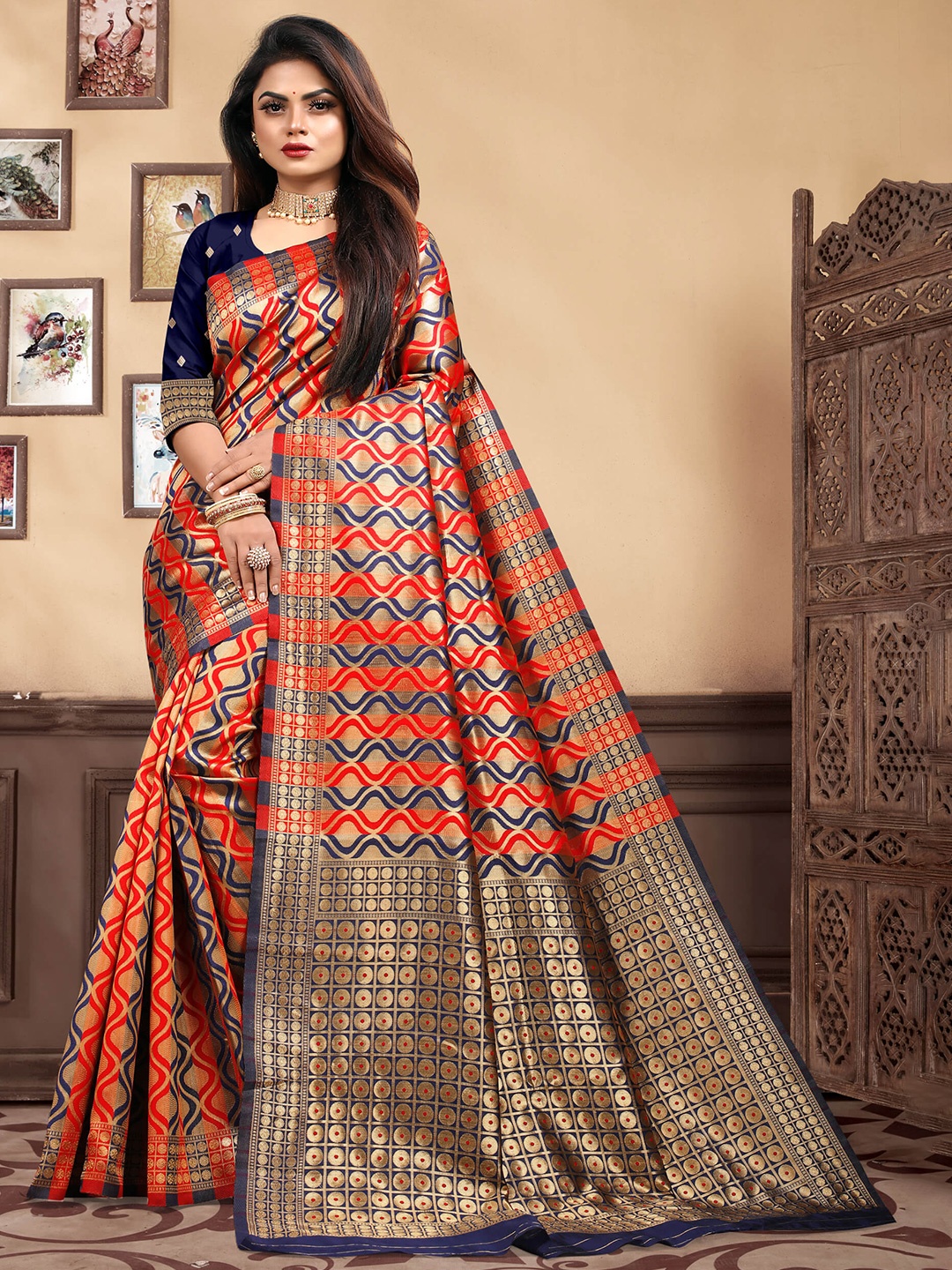 

VEDANT VASTRAM Woven Design Zari Banarasi Saree, Navy blue