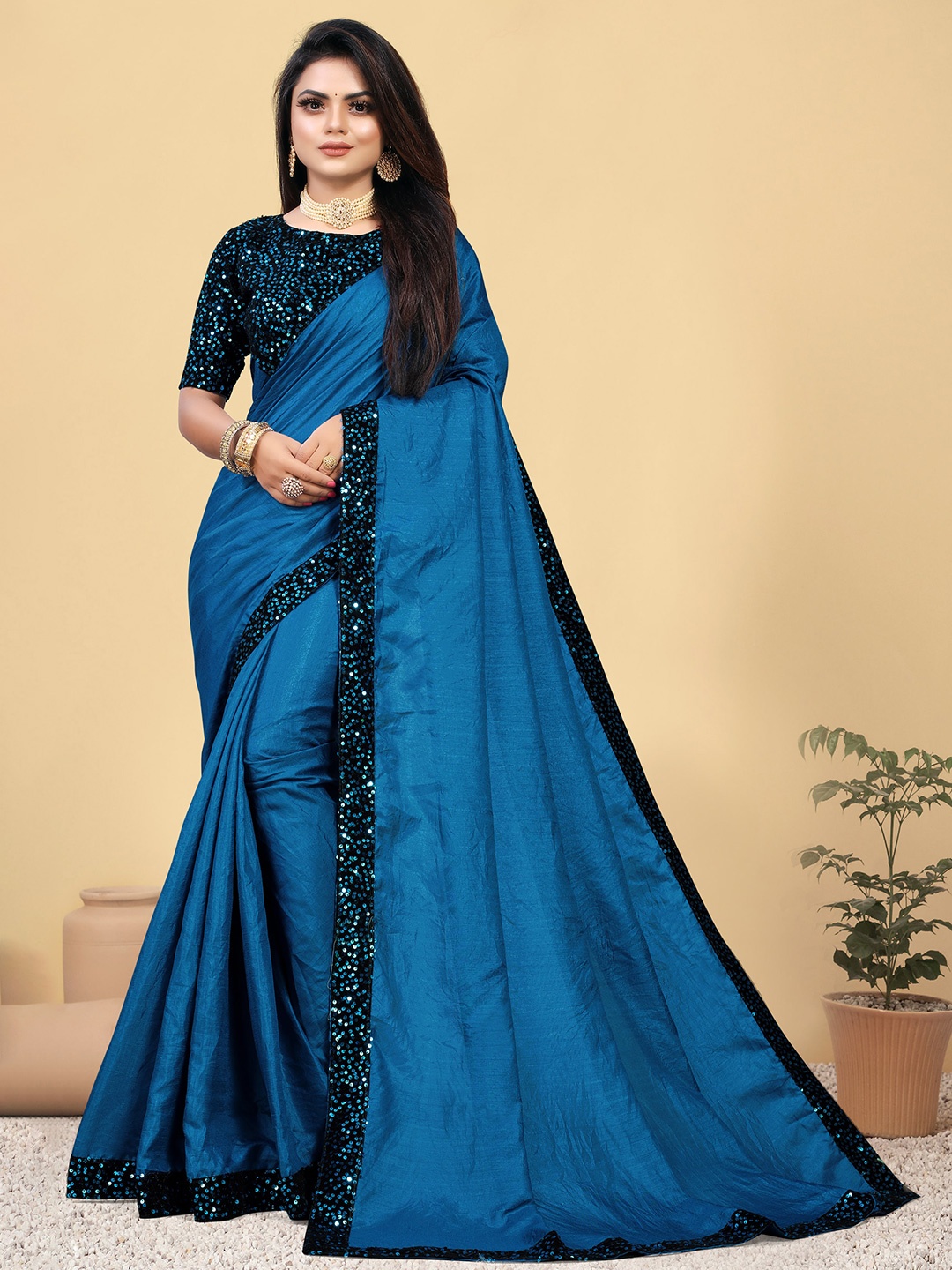 

VEDANT VASTRAM Sequinned Designer Saree, Blue