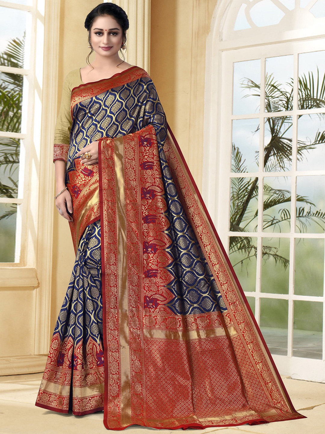 

VEDANT VASTRAM Woven Design Zari Silk Banarasi Saree, Navy blue