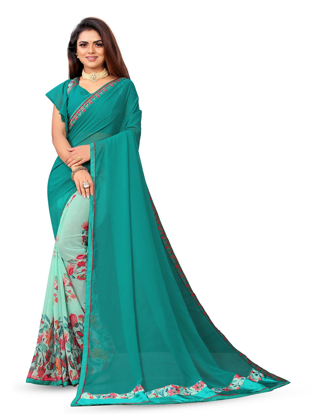 

VEDANT VASTRAM Floral Printed Pure Georgette Designer Saree, Turquoise blue