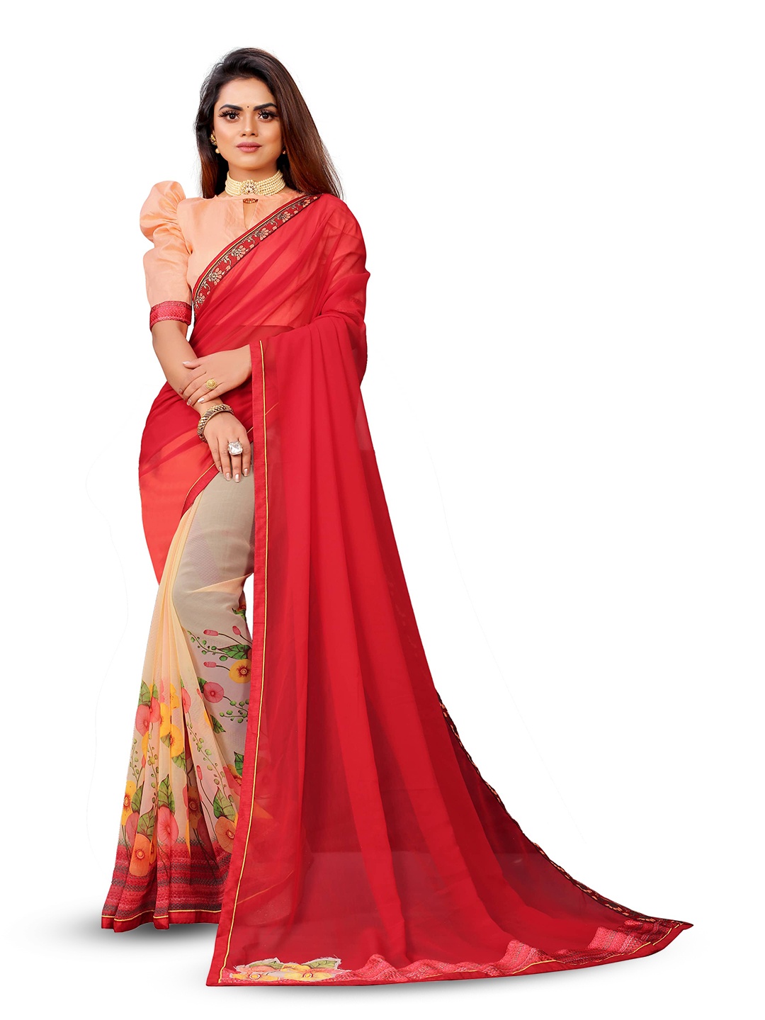

VEDANT VASTRAM Floral Printed Pure Georgette Half and Half Saree, Red
