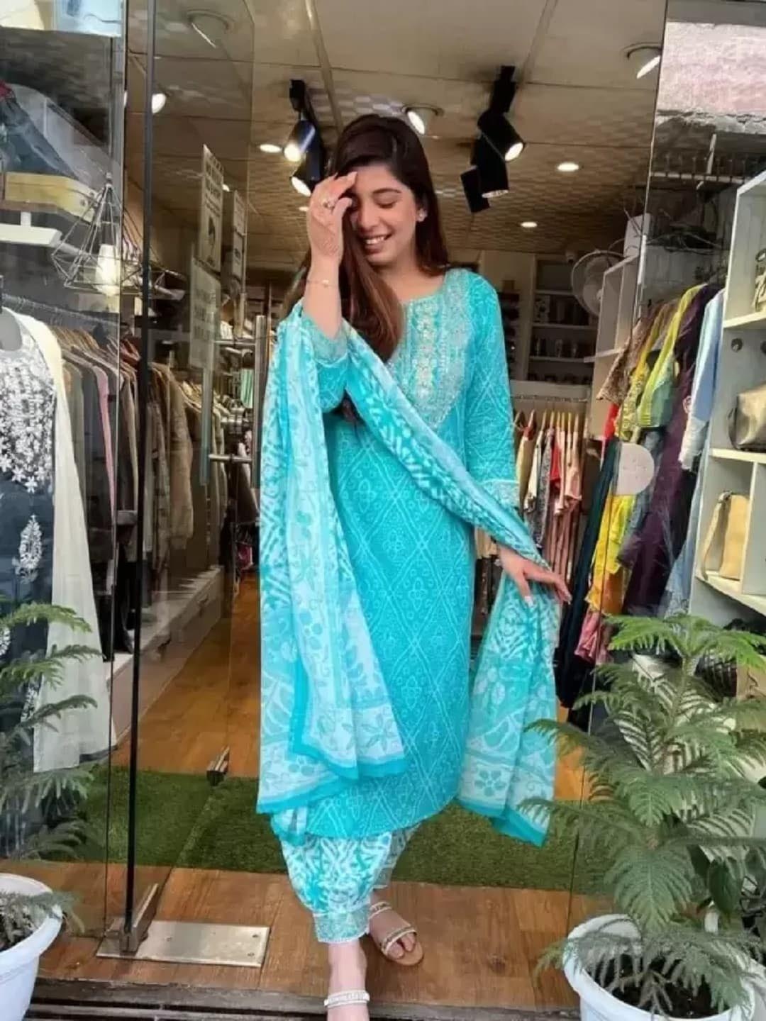 

BAESD Bandhani Embroidered Thread Work Kurta With Salwar & Dupatta, Blue