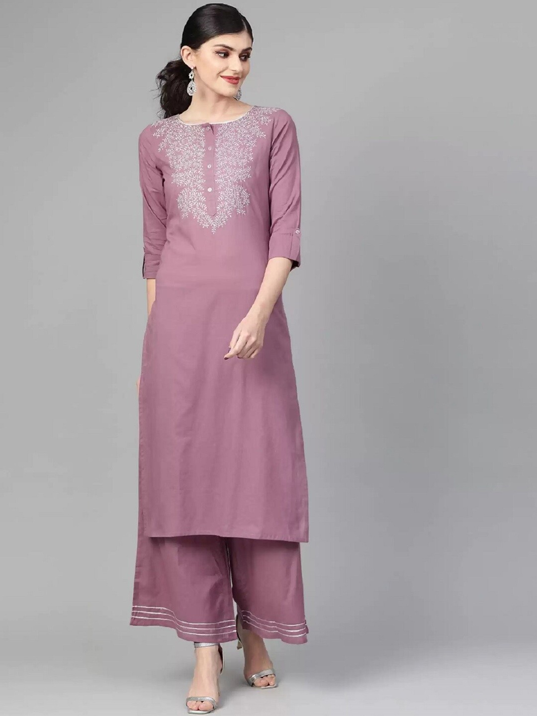 

BAESD Ethnic Motifs Embroidered Round Neck Straight Kurta with Salwar, Pink