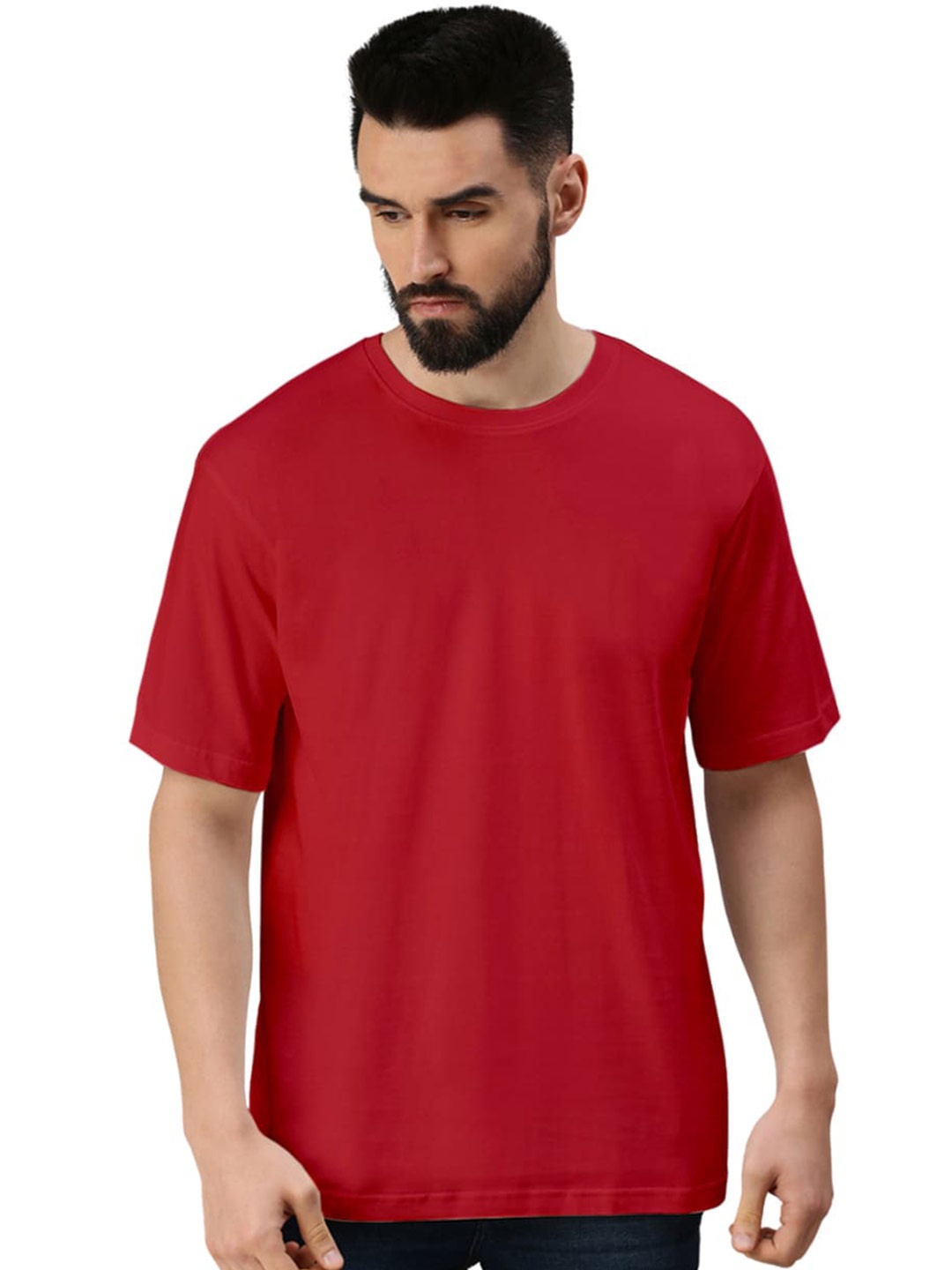 

VEIRDO Red Drop-Shoulder Sleeves Pure Cotton Oversized T-shirt