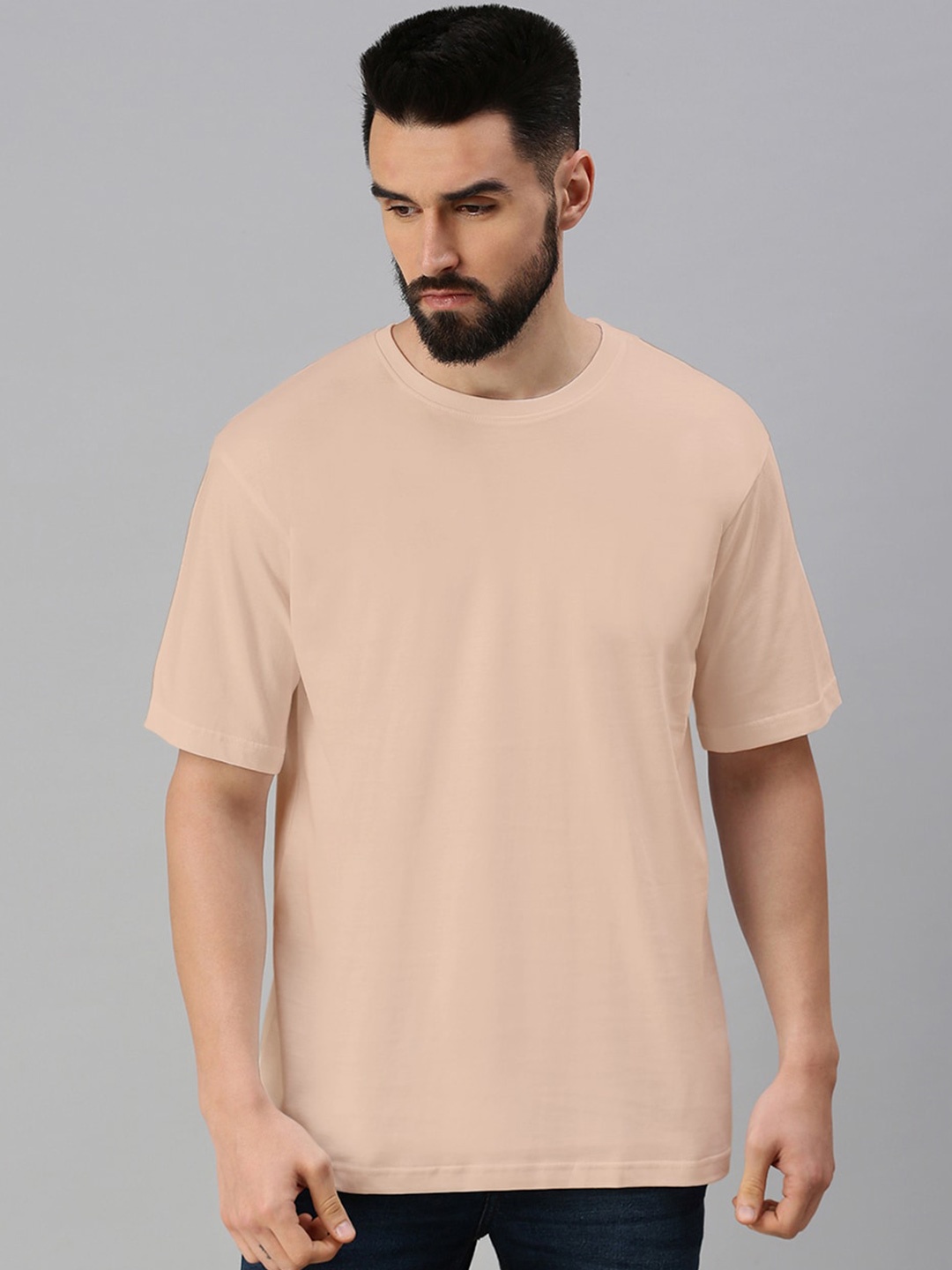 

VEIRDO Beige Drop-Shoulder Sleeves Pure Cotton Oversized T-shirt