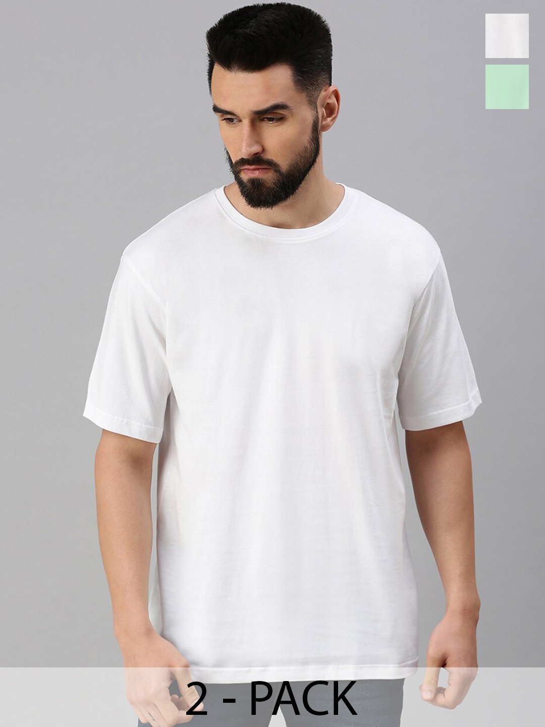 

VEIRDO Pack of 2 White & Green Drop-Shoulder Sleeves Pure Cotton Oversized T-shirts