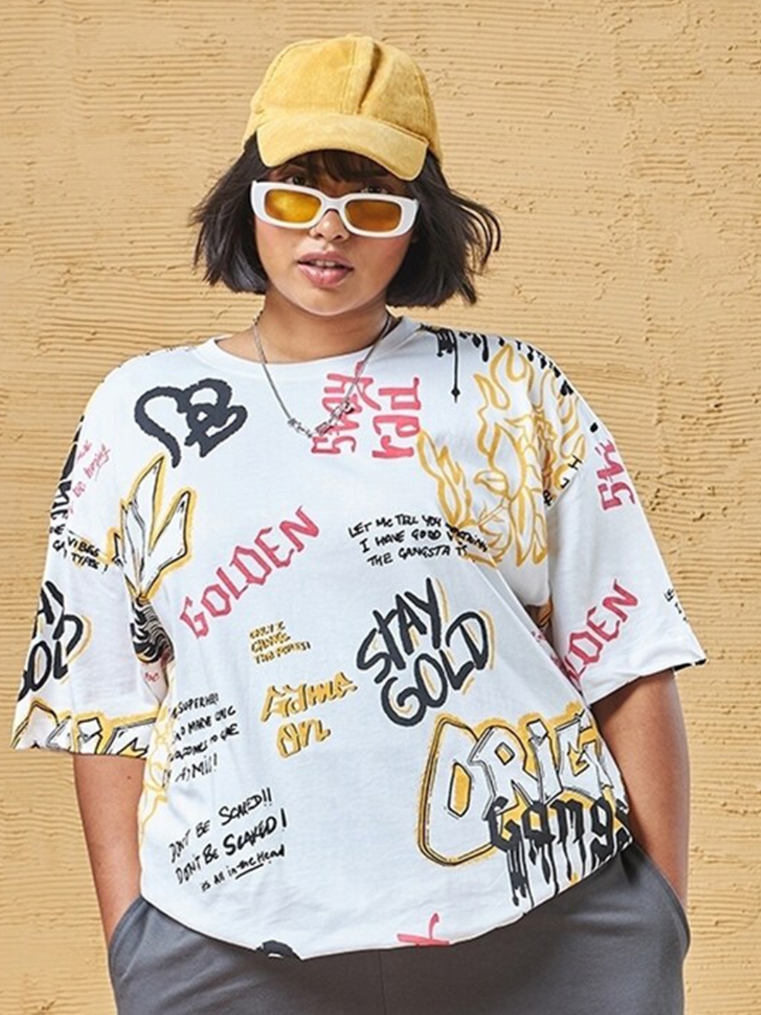 Bewakoof Plus Graphic Print Mickey Mouse Drop-Shoulder Sleeves Cotton T-shirt, White