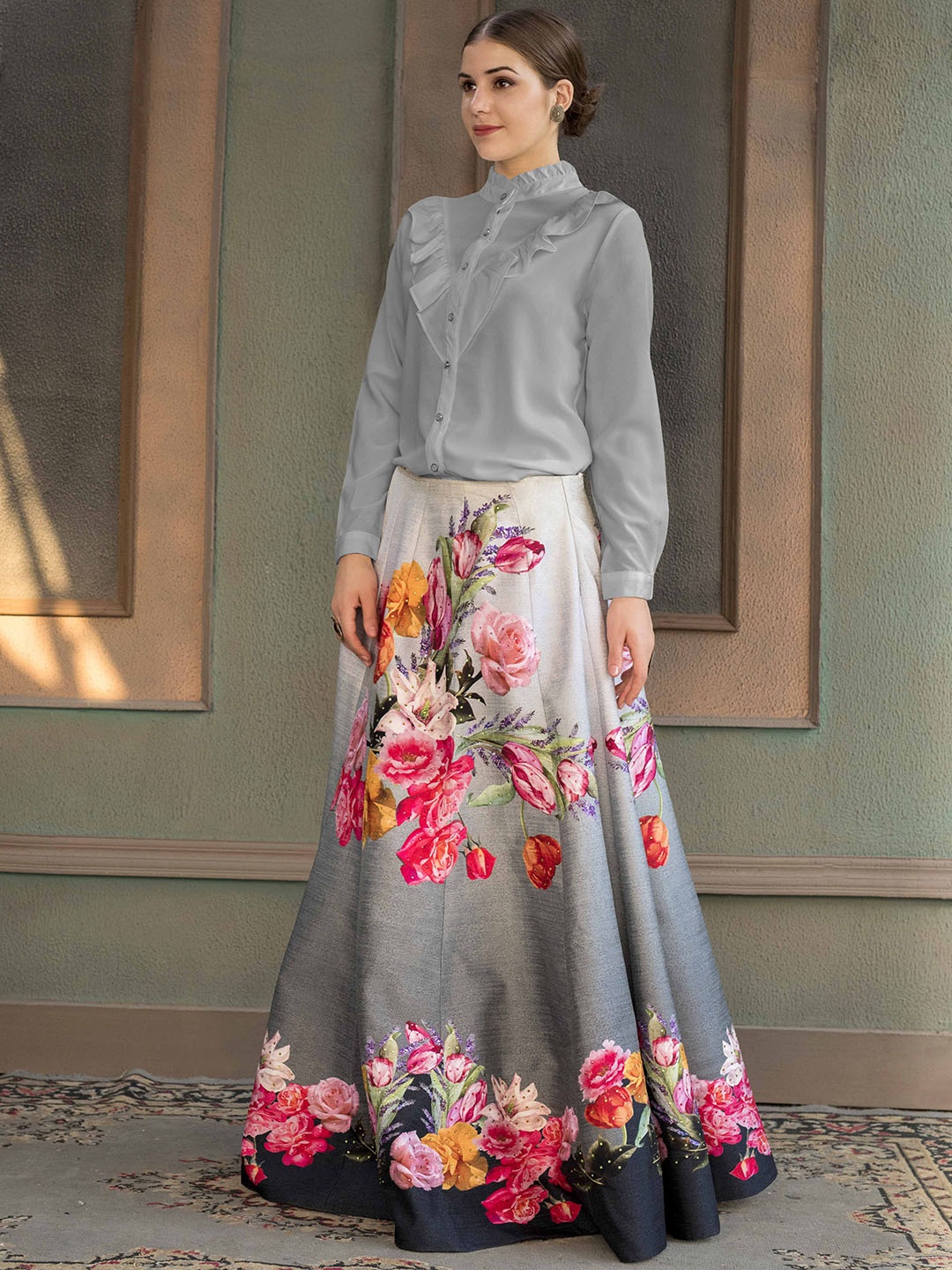 

SAPTRANGI Floral Printed Flared Maxi Skirt, Grey