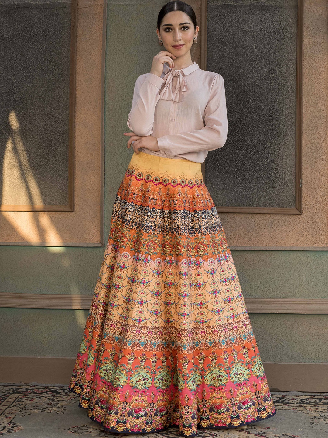 

SAPTRANGI Printed Flared Maxi Skirt, Yellow
