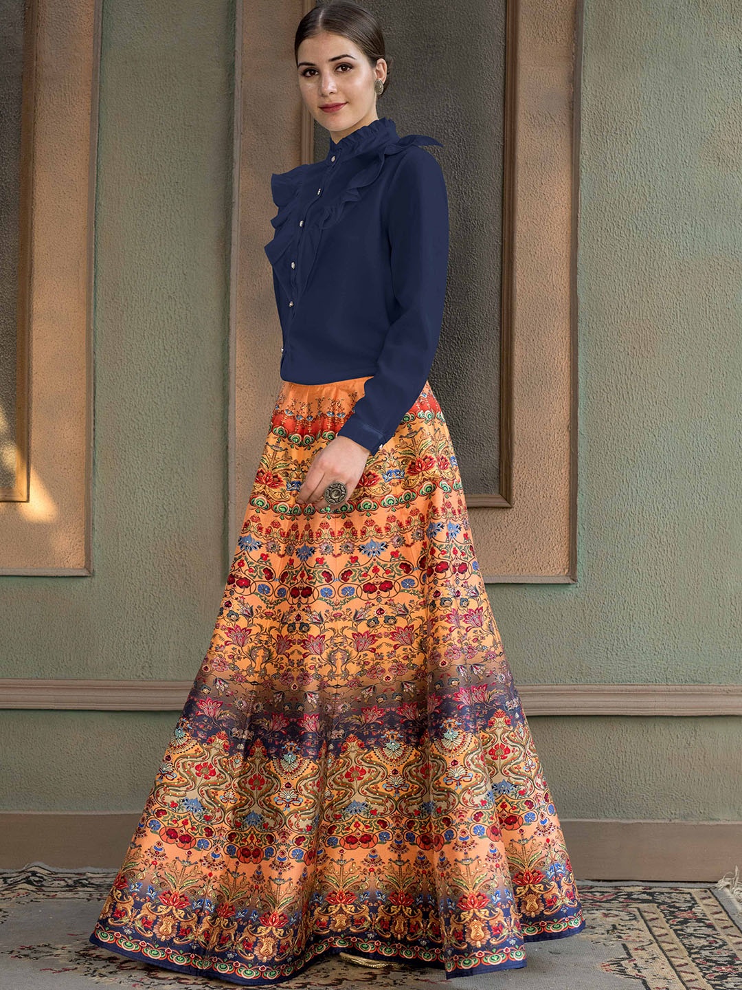 

SAPTRANGI Floral Printed Flared Maxi Skirt, Orange