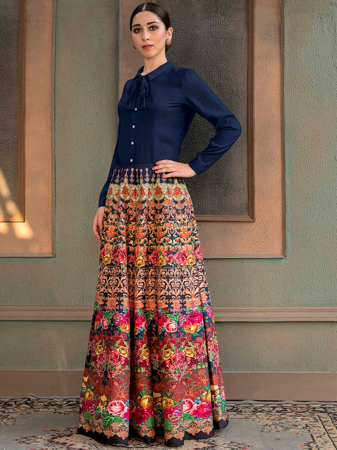 

SAPTRANGI Floral Printed Flared Maxi Skirt, Blue
