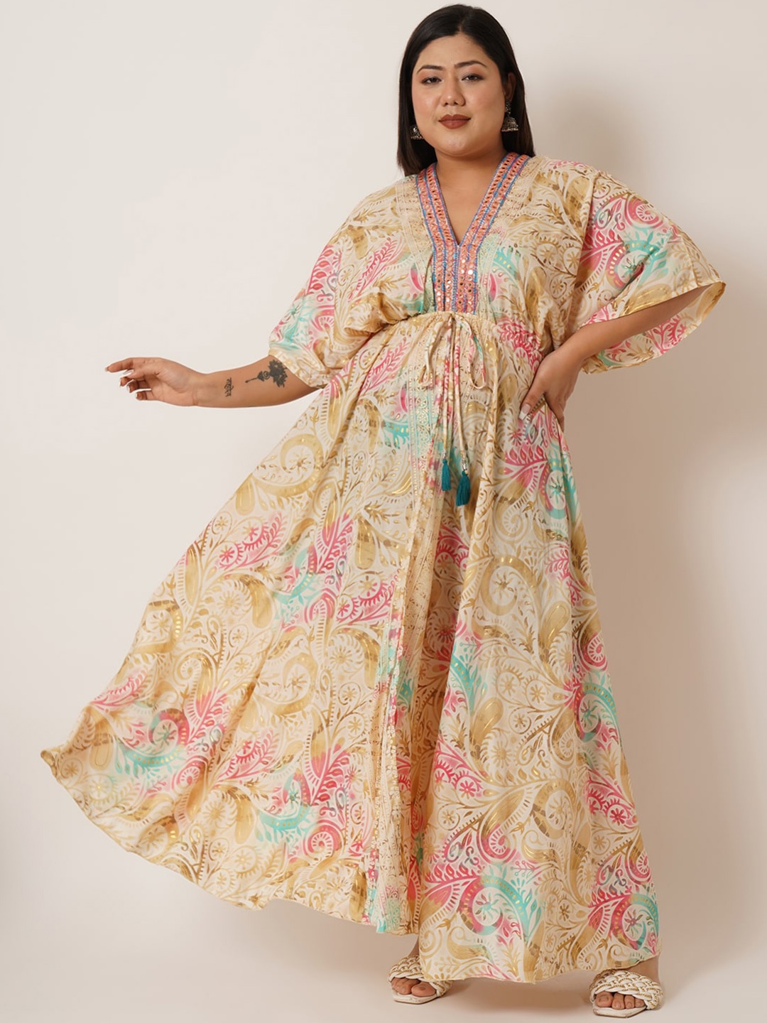

IX IMPRESSION Floral Printed Flared Sleeve Maxi Dress, Beige