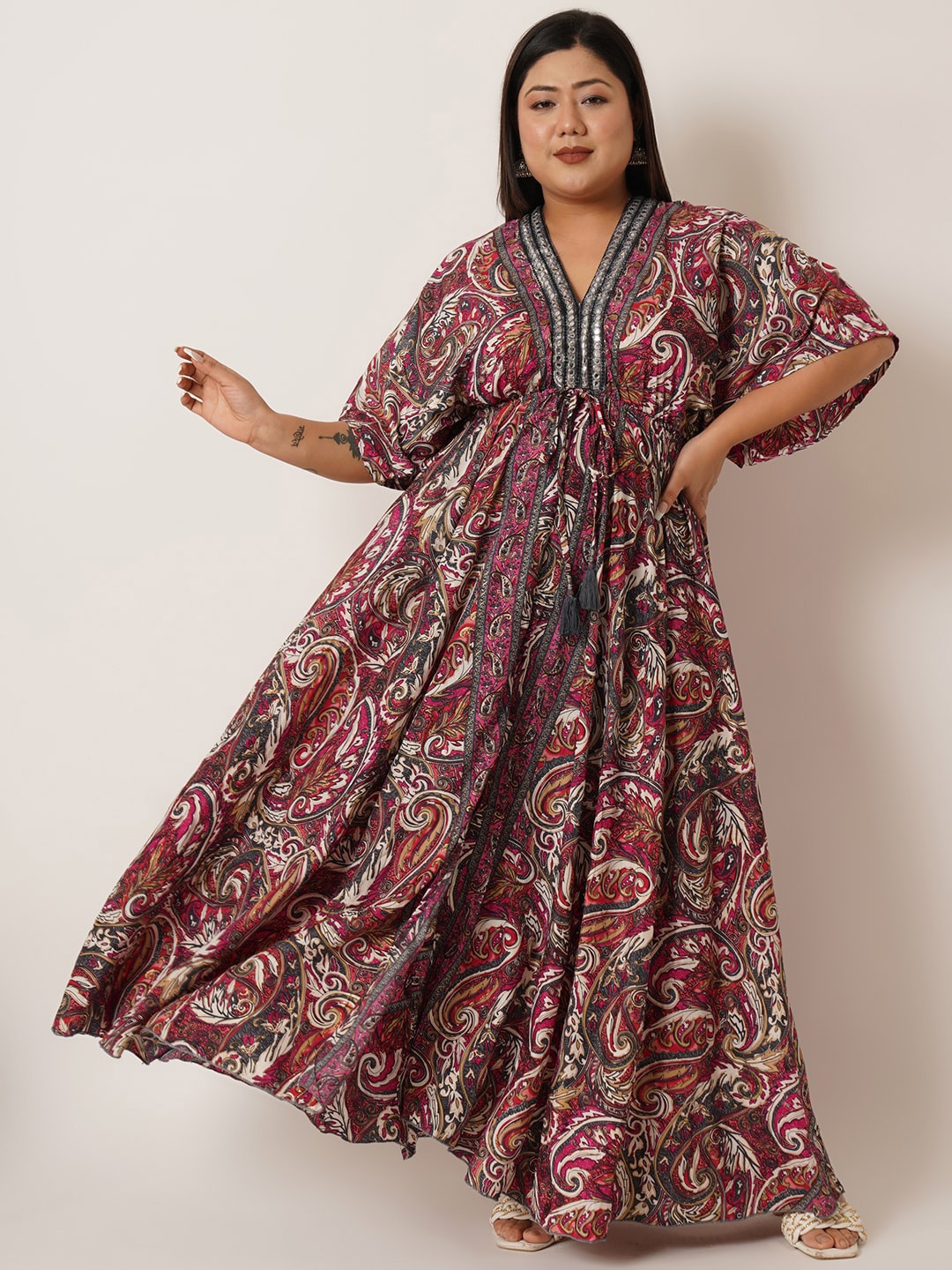 

IX IMPRESSION Plus Size Floral Print V Neck Short Flared Sleeves Maxi Dress, Purple