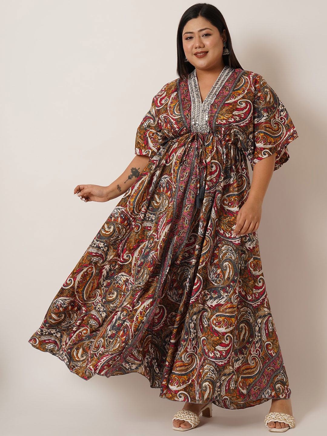 

IX IMPRESSION Ethnic Motifs Printed Flared Sleeve Maxi Dress, Mustard