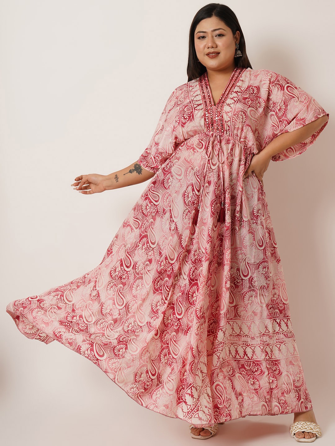 

IX IMPRESSION Floral Printed V-Neck Flared Sleeve Maxi Dress, Maroon