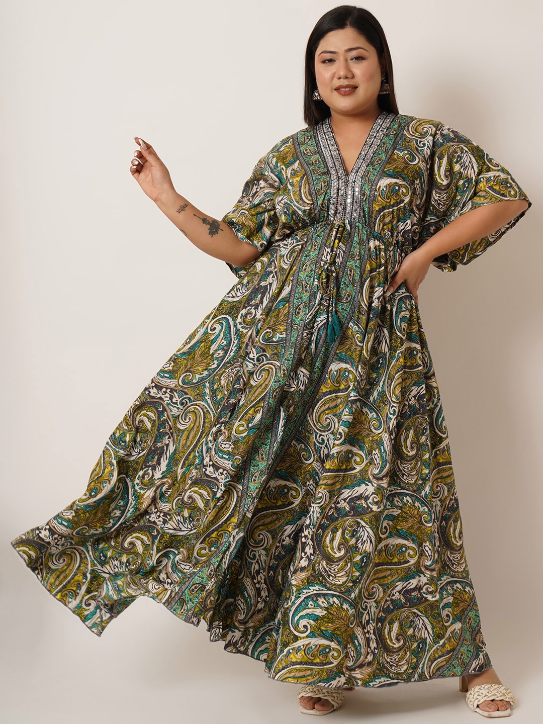 

IX IMPRESSION Ethnic Motifs Printed Flared Sleeve Maxi Dress, Mustard