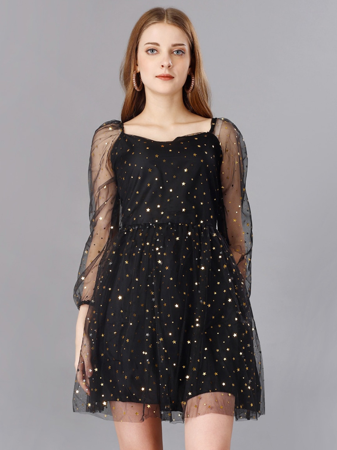 

Sitanjali Net Fit & Flare Dress, Black