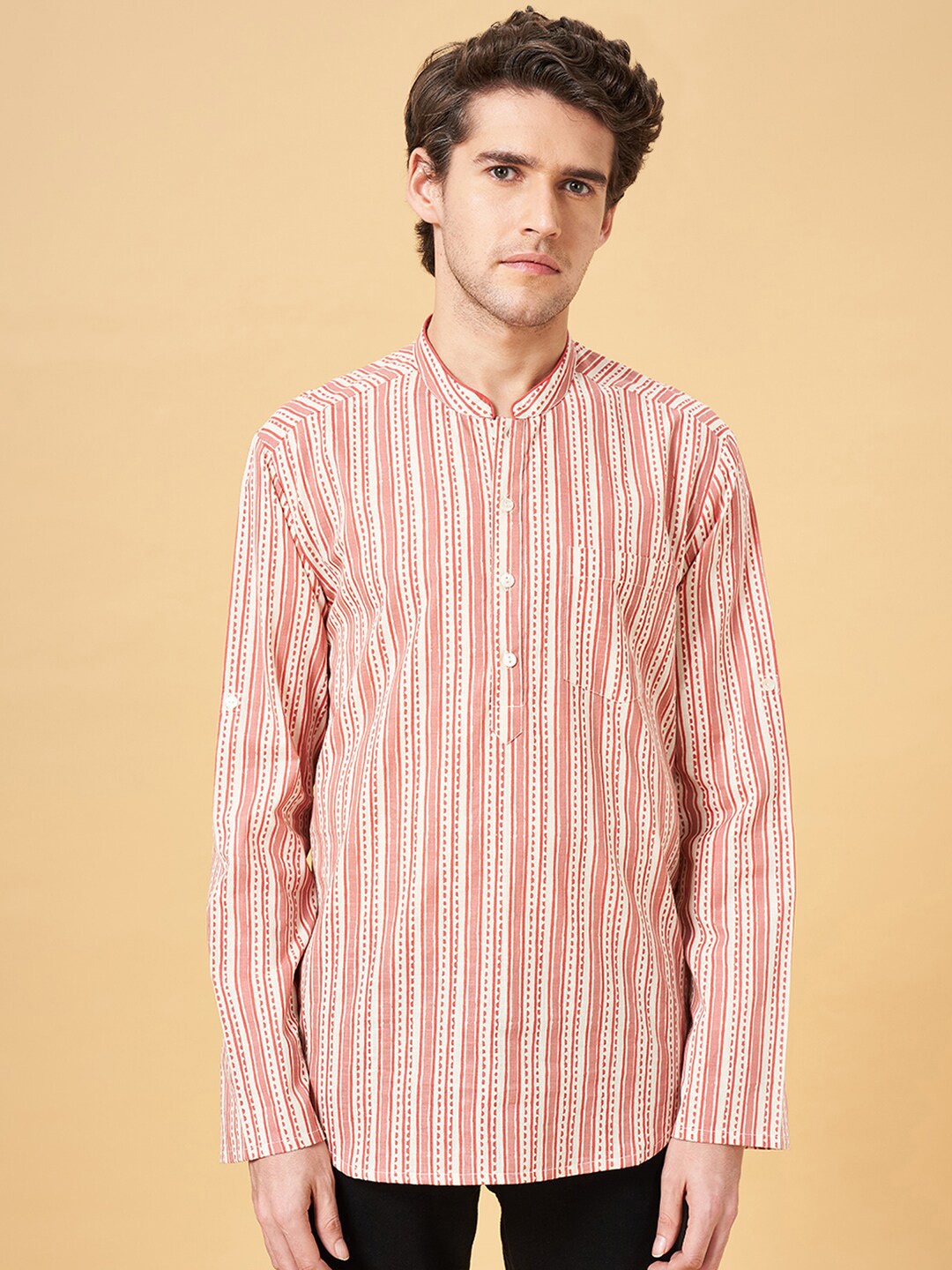 

indus route by Pantaloons Striped Mandarin Collar Straight Kurta, Red