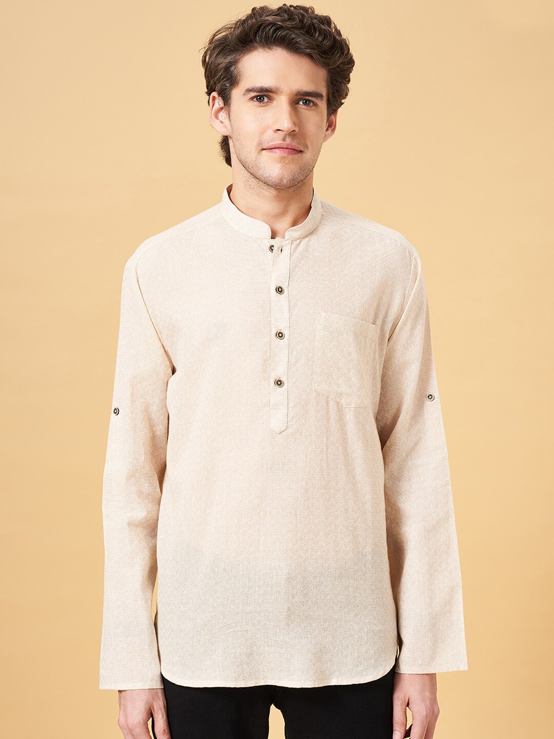 

indus route by Pantaloons Self Design Mandarin Collar Straight Kurta, Beige